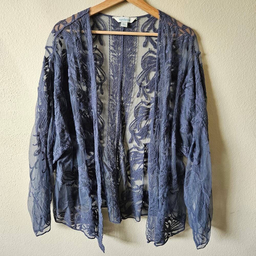 Sundance Blue Embroidered Lace Kimono Duster Large Sheer Cardigan Bohemian
